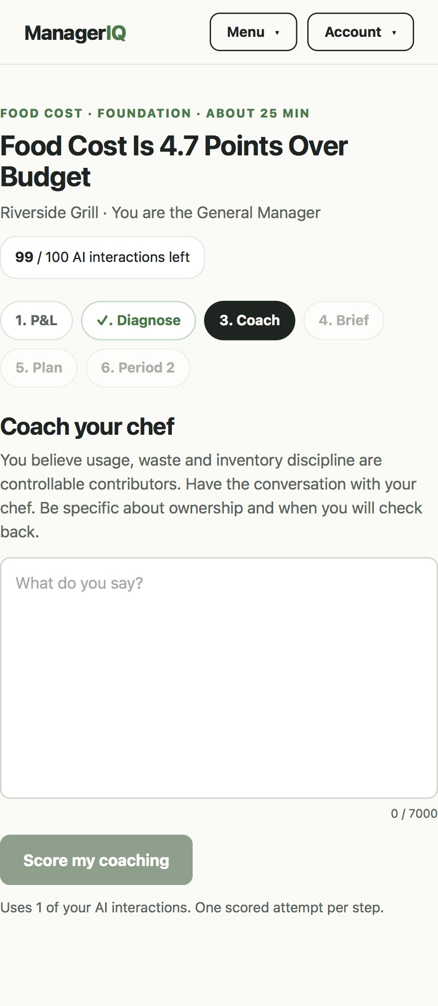 ManagerIQ platform showing P&L simulation and leadership training modules